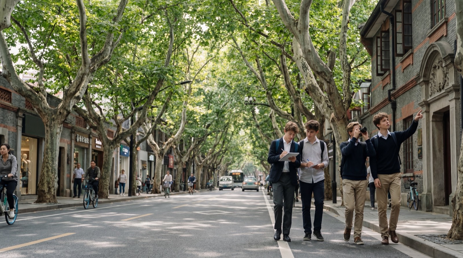 Students walking tree-lined streets in China